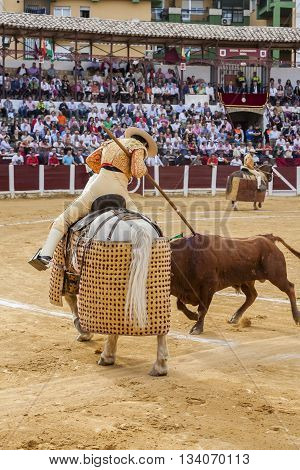 Ubeda Spain - October 3 2010: Picador bullfighter lancer whose job it is to weaken bull's neck muscles in the bullring fo Ubeda Jaen province Spain