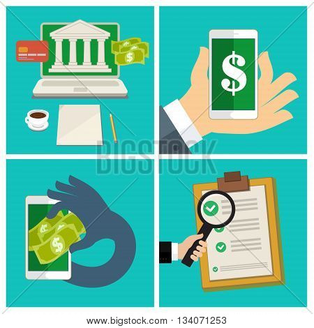 Flat design business set of internet banking concept. Mobile banking. Vector illustration