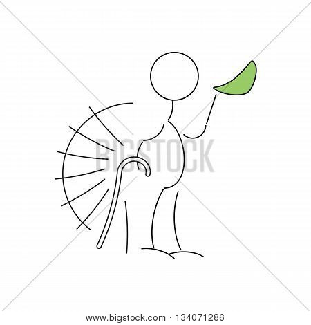 Cartoon style line drawing of old man with a walking stick vector illustration isolated on white background.