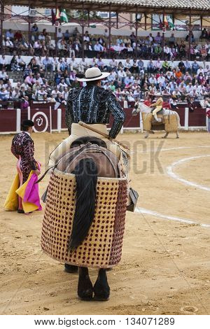 Ubeda Spain - October 3 2010: Picador bullfighter lancer whose job it is to weaken bull's neck muscles in the bullring fo Ubeda Jaen province Spain