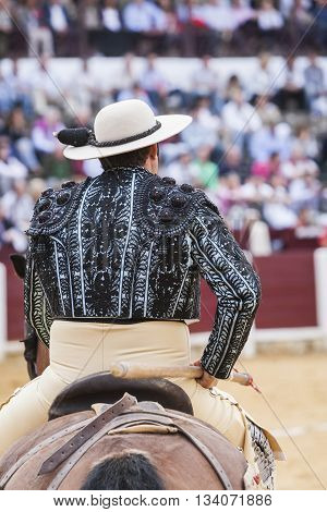 Ubeda Spain - October 3 2010: Picador bullfighter lancer whose job it is to weaken bull's neck muscles in the bullring fo Ubeda Jaen province Spain