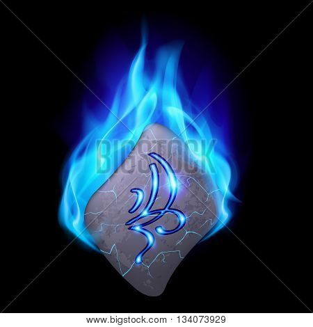 Secret bend stone with magic rune in blue flame