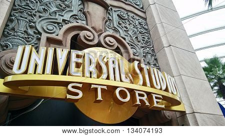 SINGAPORE JUN 04 2016: Close up of Universal Studio Store at Universal Studios. Universal Studios Singapore is theme park located within Resorts World Sentosa Singapore.