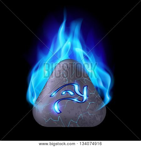 Secret triangular stone with magic rune in blue flame