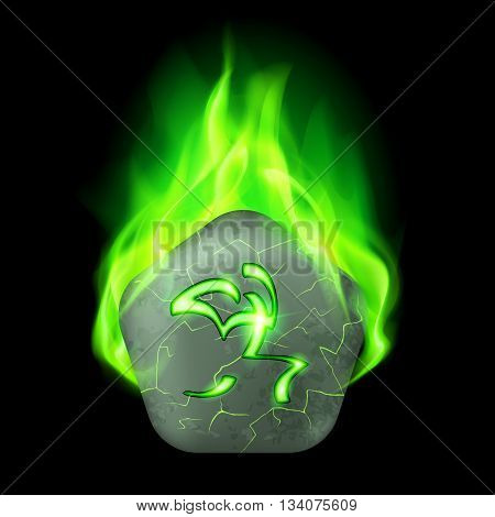 Ancient pentagonal stone with magic rune in green flame