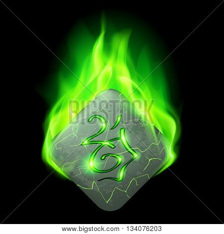 Mysterious diamond-shaped stone with magic rune in green flame