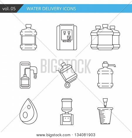 Set thin line water delivery icon isolated on white background