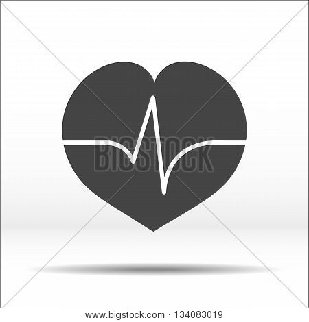 Grey heart with pulse cardiogram on it. White-black illustration and icon.