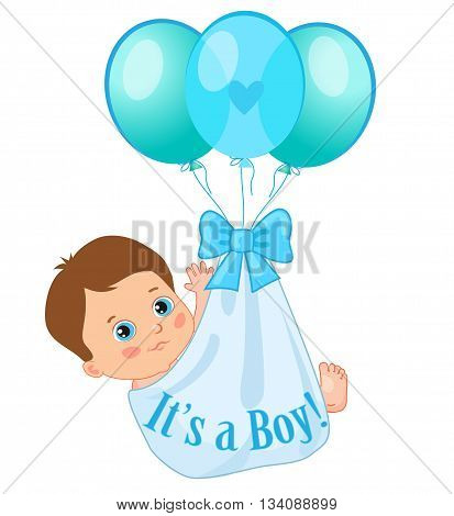 Color Balloons Carrying A Cute Baby Boy. Baby Boy Vector Illustration. Cute Cartoon Babies. Baby Boy Shower Invitation Card. Cute Toddlers.