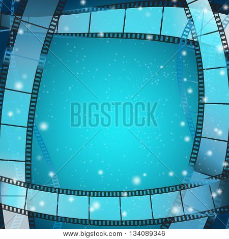 cinema frame square background with film strips over blue background with stripes and glittering particles. vector illustration