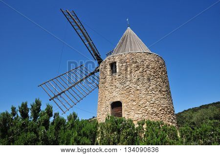 Grimaud France - april 16 2016 : the picturesque historical wind mill