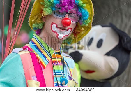 TIMISOARA ROMANIA - JUNE 1 2016: Portrait of clown present at the International Children's Day show organised by the Timisoara City Hall.