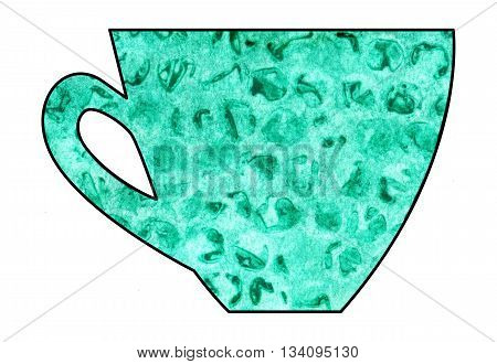 Cup of tea and coffee. Handmade. Watercolor Mixed media. Cut paper. Tea time. Malachite