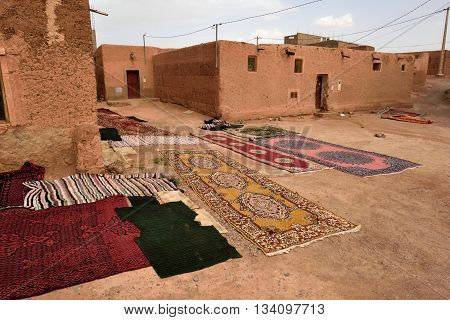 MOROCCO - AUGUST 01: Traditional berber carpets drying in open air in Morocco August 01 2015. Morocco is one of the most popular tourist place in North Africa.