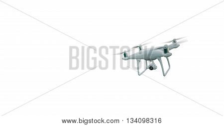 Photo Matte Generic Design Modern Remote Control Air Drone Flying with action camera. Isolated on Blank White Background. Horizontal, front angle view. 3D rendering