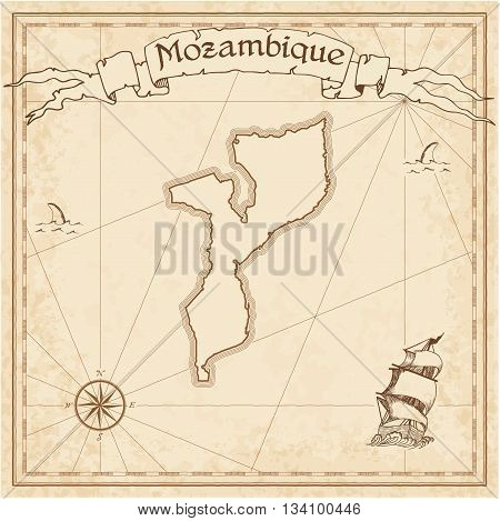 Mozambique Old Treasure Map. Sepia Engraved Template Of Pirate Map. Stylized Pirate Map On Vintage P