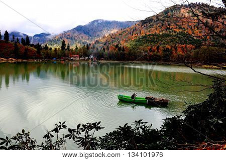 A villager pulling oar in his green bout with forest background in the Lake Karagöl, Artvin, Blacksea