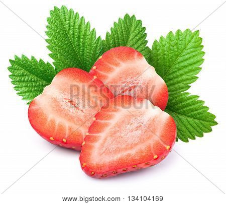 Three perfectly cleaned sliced strawberries with leaves isolated on the white background with clipping path