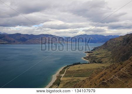Lake in Central Otago New Zealand. Lake Hawea view from the Breast Hill track.