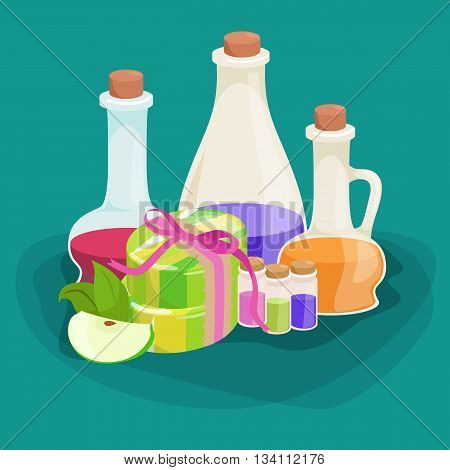 Bottles with organic essential aroma oil and soap bar set vector illustration