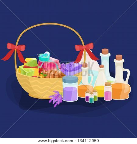 Bottles with organic essential aroma oil and soap bar set vector illustration
