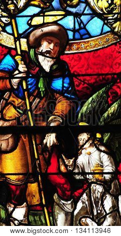Triel sur Seine France - april 3 2016 : historical stained glass window in Saint Martin church