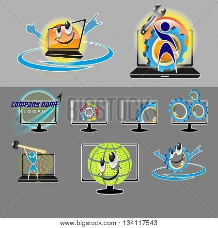 vector set of various logo, smilies with the image of a human silhouette, spanner, screwdriver for repair, PC maintenance, laptop