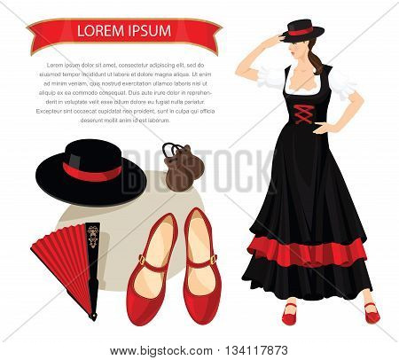 Vector illustration of woman dancer in spanish folk costume. Element of traditional flamenco equipment. Brunette girl get dressed hat on her head