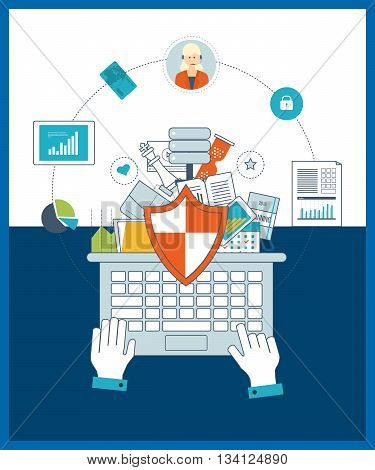 Flat shield icon. Data protection concept. Concepts for business analysis and planning, financial strategy and report, consulting, teamwork, project management and development. Business protection.