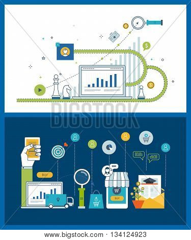 Color line flat design of market strategy analysis, marketing research, business analytics and planning. Investment business. Financial report. Mobile and internet marketing concept.