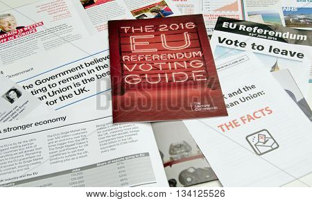 BASINGSTOKE UK - JUNE 13 2016: Leaflets posted through doors in Basingstoke about the forthcoming Referendum on whether the UK should remain in or leave the European Union.