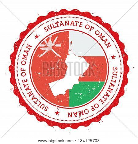 Oman Map And Flag In Vintage Rubber Stamp Of State Colours. Grungy Travel Stamp With Map And Flag Of