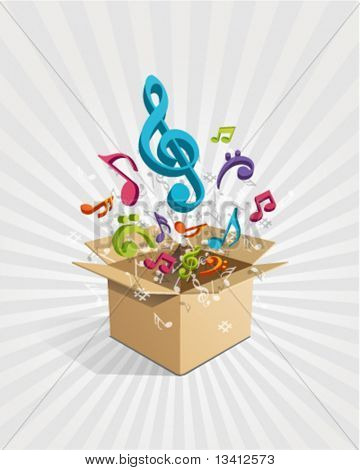 Scatola aperta con fly note colorate musica 3d vector background