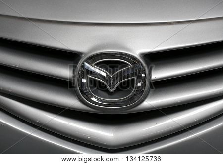 Cracow Poland - May 21 2016: Mazda Metallic Logo Closeup On Mazda Car Displayed At 3rd Edition Of Mo