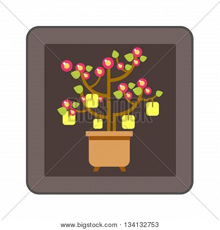 Chinese peach tree icon. Colored line icon of Chinese New Year peach tree with packets with wishes