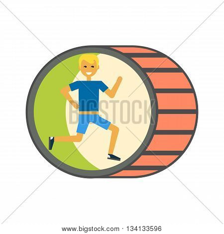 Running man vector icon. Colored line icon of young male character running inside wheel