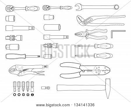Hand tools - set icons. Isolated black symbols on white background. Work tools signs pictograms.