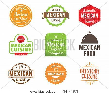 Mexican cuisine, authentic traditional food typographic design set. Vector logo, label, tag or badge for restaurant and menu. Isolated.