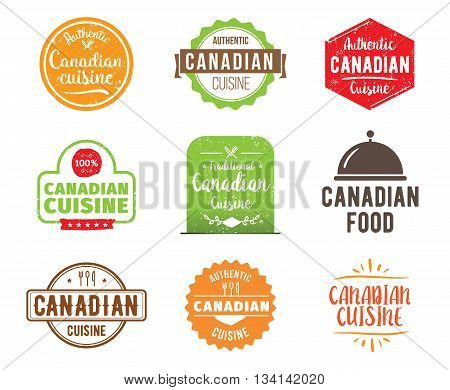 Canadian cuisine, authentic traditional food typographic design set. Vector logo, label, tag or badge for restaurant and menu. Isolated.
