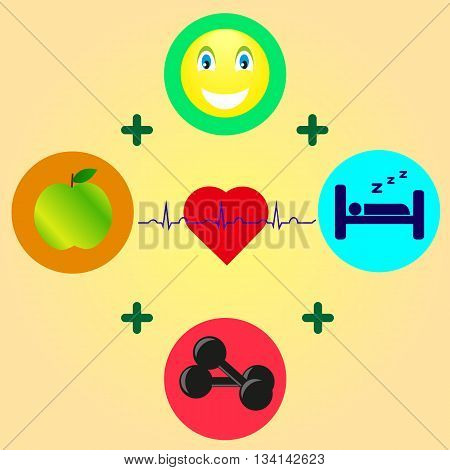 apple, dumbbell, smile and dream as a symbol of health