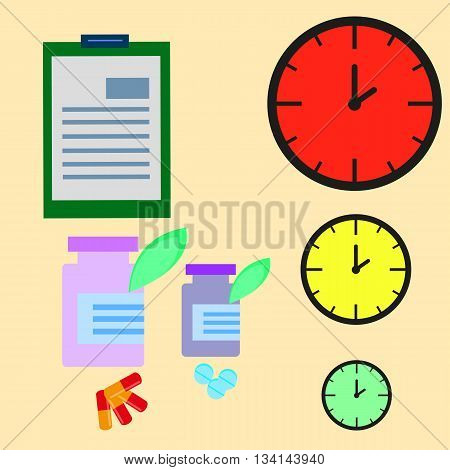 clock, capsules, tablets, and notebook concept symbol dosing schedule