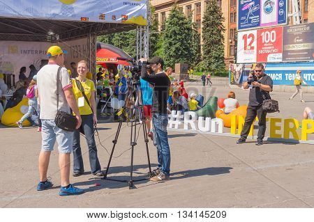 DNEPR UKRAINE - MAY 21 2016:Interview on a central square of the city during 