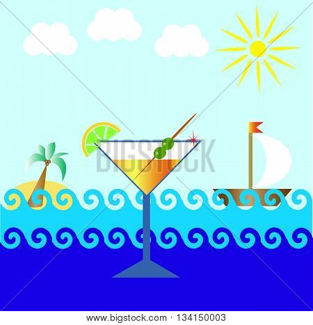 glass of martini with olives and a lemon on a background of the sea, palm trees, boat, sun and clouds