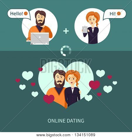 Vector illustration on the theme of on-line dating. The couple, who met on a dating site. Red-haired woman and a bearded man in a frame in the form heart.