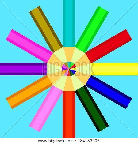 pencils of different colors are arranged in a circle on a blue background