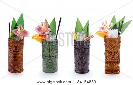 Tropical Cocktails Served In A Tiki Style Glass And Garnished With Fruits