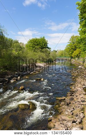 Dunblane Scotland UK view of the Allan Water river in summer which runs through the town