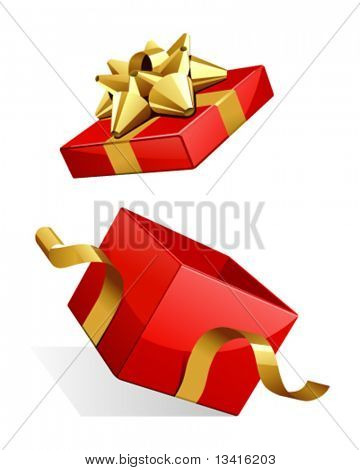 Scatola regalo aperto vettoriale con fiocco oro lucido