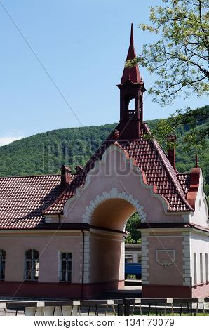 The old railway station building near the castle Schonborn