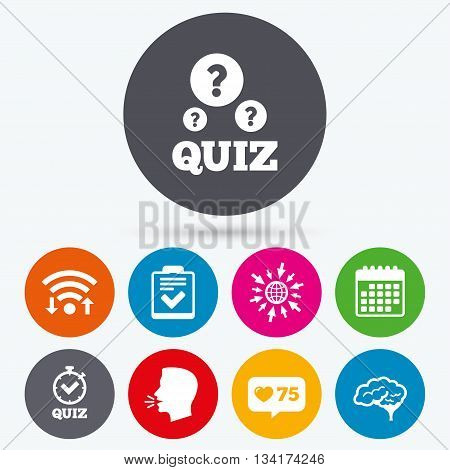 Wifi, like counter and calendar icons. Quiz icons. Human brain think. Checklist and stopwatch timer symbol. Survey poll or questionnaire feedback form sign. Human talk, go to web.